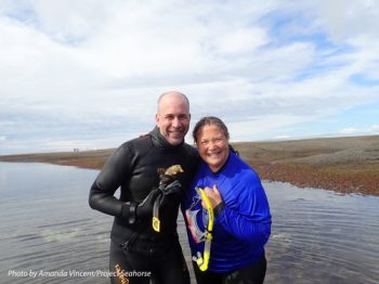 Diego and Amanda, happy and excited after finding multiple Patagonian seahorses